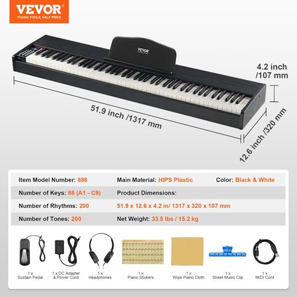 Digitalpiano - VEVOR - 88 helviktade tangenter - med dubbla tangentbord, högtalare, Sustain-pedal, hörlurar