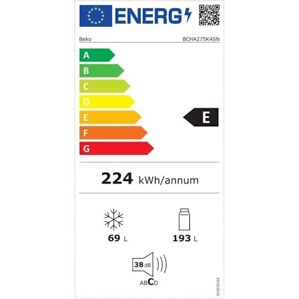 BEKO BCHA275K4SN integrerat kombinerat kylskåp - 2 dörrar - 262 L - Semi No Frost - Vit Vit