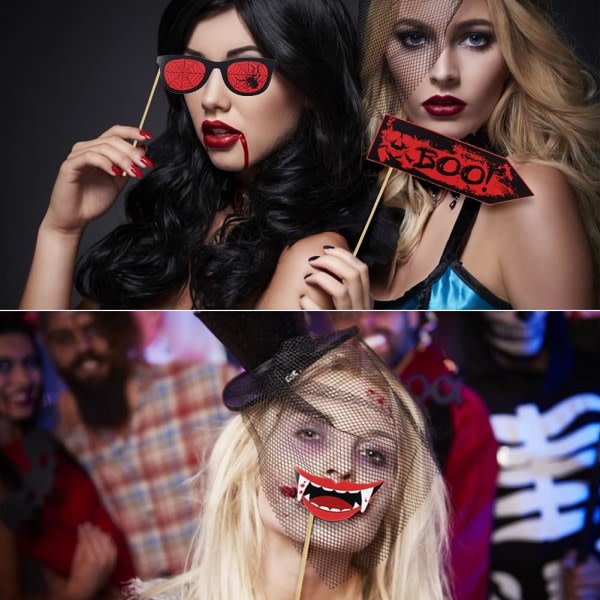 22 st Halloween fotorekvisita, Photobooth Skrämmande fotobåsrekvisita med pinnar Maskeradram