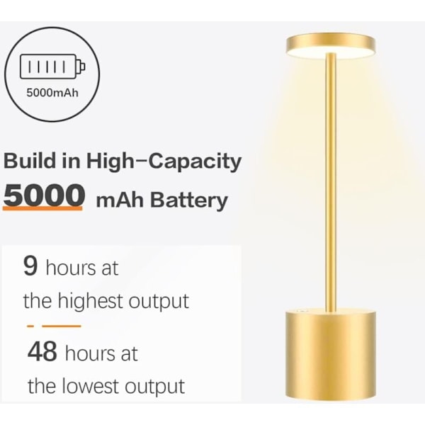 Uppladdningsbar Trådlös Bordslampa, 5000mAh LED Skrivbordslampa Metalldesign USB-Laddning, 3 Färglägen, för Sängbord, Utomhus, Uteplats, Restaurang