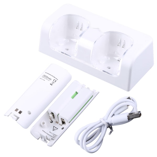 Fjernkontroll Dual Charging Dock Station+ 2 batterier til Wii Gamepad, Lader med LED-lampe Hvit