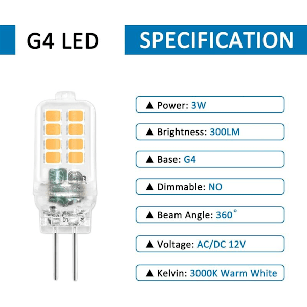 G4 LED-lampa varmvit 3000k 3w 12v ej dimbar 6-pack
