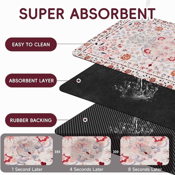 Absorberende hunde- og kattefodermåtte, hurtigtørrende skridsikker fodermåtte til mad- og vandskåle, boheme-pink, 20 x 12 tommer