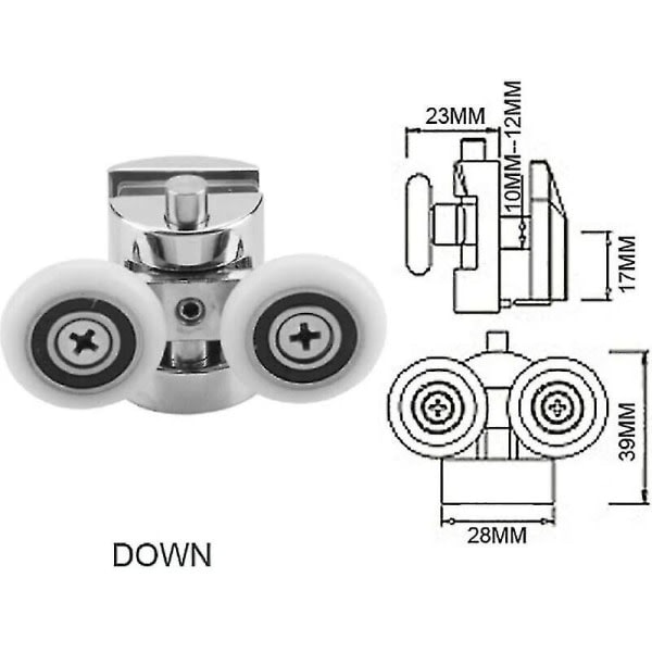 Sæt med 4 dobbelte hjul til skydedøre til brusere, 2 hjul 23 mm diameter zinklegering badeværelse