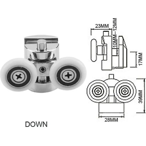 Set med 4 dubbla hjul för skjutbara duschdörrar, 2 hjul 23 mm diameter zinklegering badrum