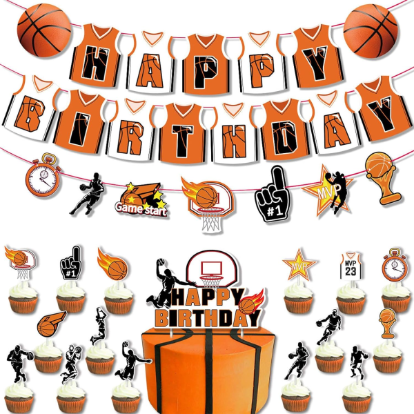 Basketball bursdagsfestdekorasjoner, basketball-tema bursdagsartikler, kakepynt og cupcake-pynt bursdag