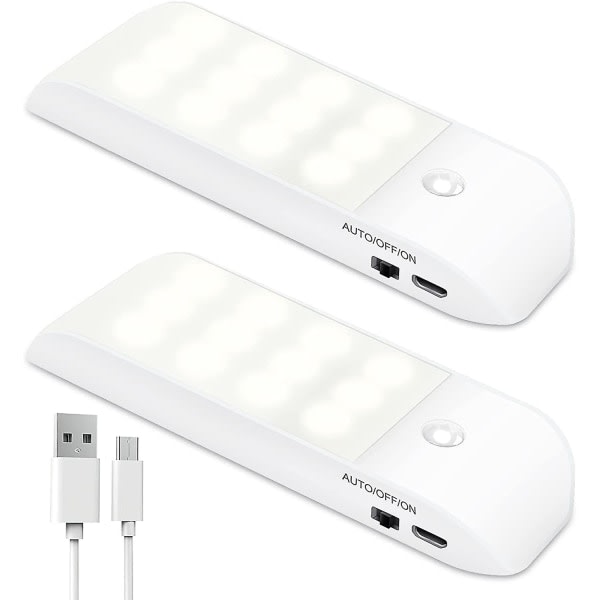 Automatisk lys, bærbar bevegelsessensorlampe, nattlys med 3 moduser 12 LED USB oppladbar med magnetisk klistremerke Varmt lys for skap/gang/trapp