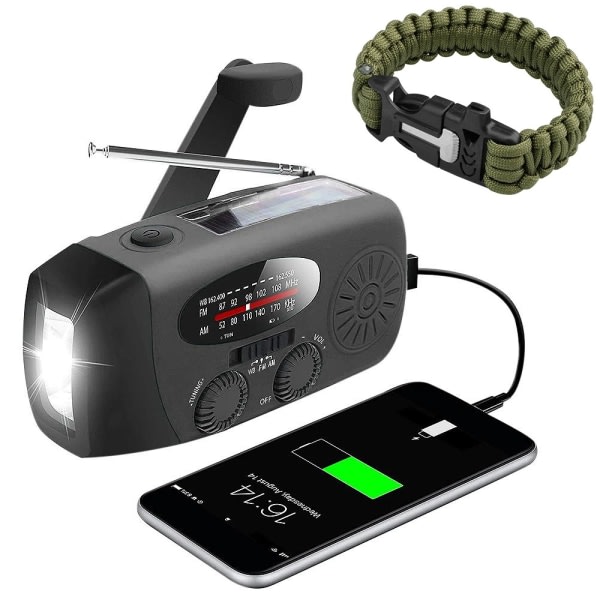 Vevradio med solcellelader og tennstål / Nødradio og powerbank Black Only vevradio