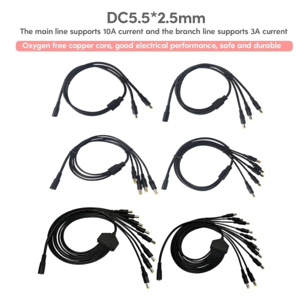 Power Splitter-kabel 1 hun til 2/3/4/5/8/10 han DC5,5 mm x 2,1 mm splitterforlængerkabel til CCTV-sikkerhedskamera One for three