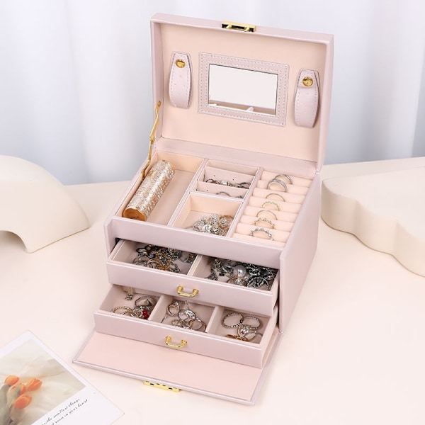 Bärbart smyckeskrin i tre lager med lås för smyckesförvaring Sakura pink mirror