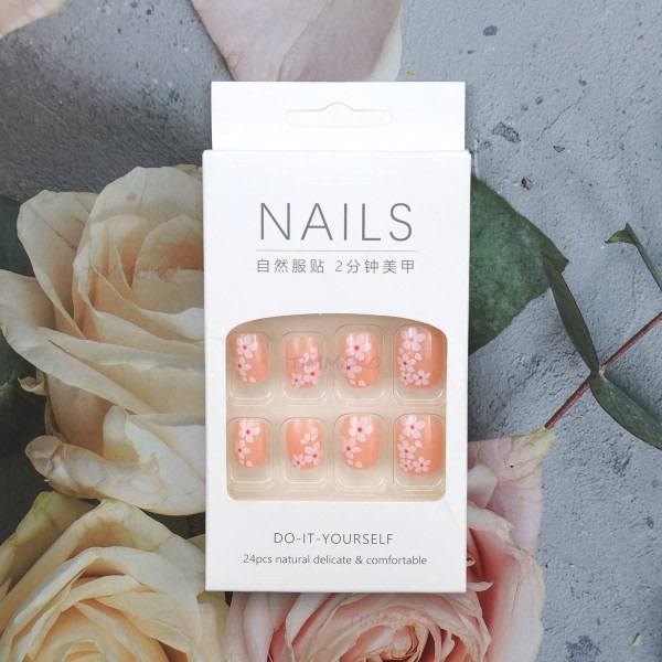 Flower Press on Nails Kort Rosa Cherry Blossoms Fake Nails Fren