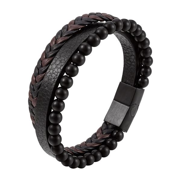 Natursten vulkanisk sten Läderarmband rostfritt stål BH