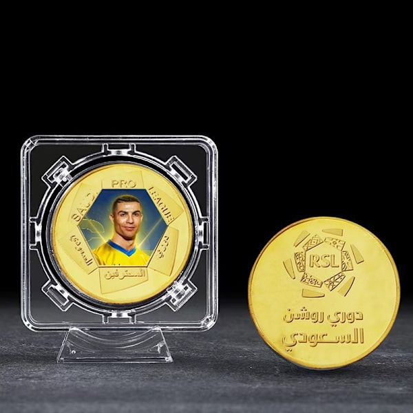Saudi Premier League minnesmynt i metall med fotbollsstjärnorna C Ronaldo, Benzema och Neymar – en perfekt present till fotbollsälskare Display Rack Neymar