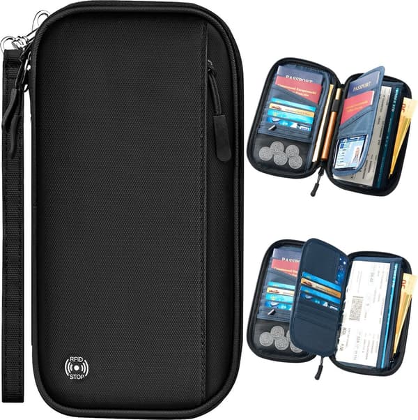 Paspengepung, Nylon RFID-blokerende lynlåsorganizer med flere lommer og håndledsrem til rejser, sort, 23 x 13 x 3 cm