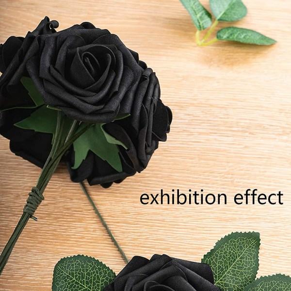 Kunstige blomster 25 stk falske roser med stilke og 2 blade til bryllupsbuketter til gør-det-selv festdekoration sort black