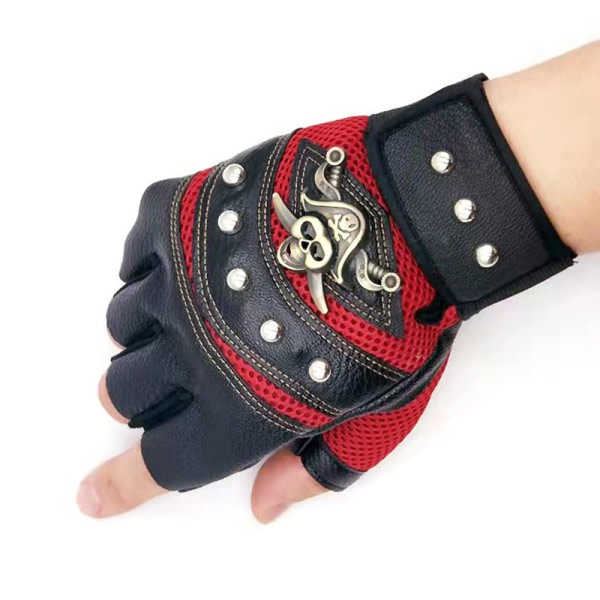 1Par Skulls Rivet PU Läder Fingerless Handskar Mode Hip Hop Rød