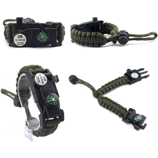Justerbart överlevnadsarmband, 7-kärnigt Paracord 20 i 1 Emergency Sports Armband Gear Kit med vattentätt LED SOS-ljus, ect (Army Green)