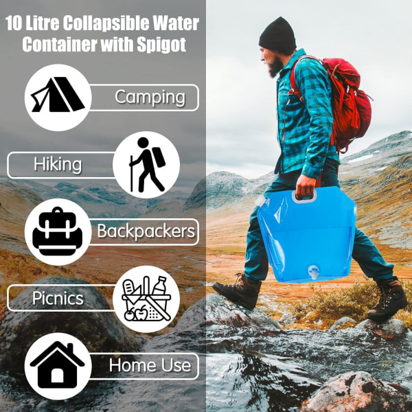 Campingvattenbehållare 2st 10L hopfällbar vattenbehållare med tapp, bärbar vattenbehållare med kran för campingpicknick Blue