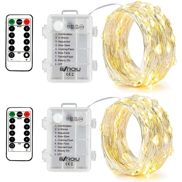 2 x 50 lysdioder batteridrivna Fairy Lights, 5 meter mikrosilverkabel 3AA vattentät batteridrift med 8 program fjärrkontroll (varm vit)