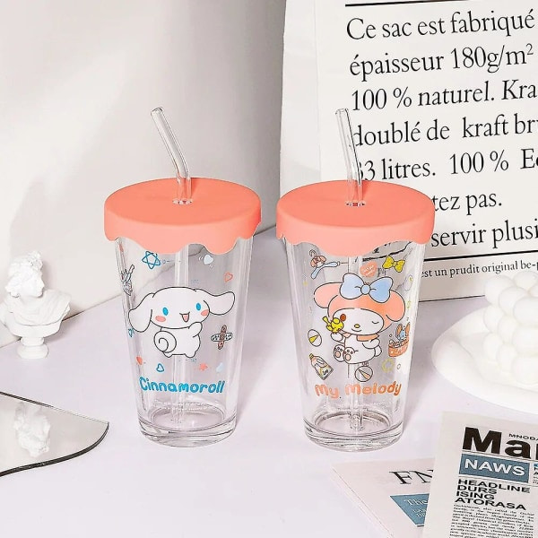 Transparent glass vattenkopp Söt tecknad frukostkopp Halm med lock Mjölk Juice Vattenkopp Glas Sippy Cup Barngåva My Melody My Melody