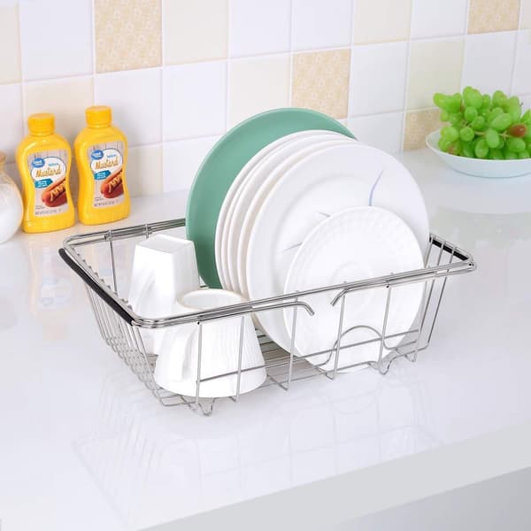 Justerbart diskställ i rostfritt stål för diskho, expanderbar 34–44 cm kökskorg för tallrikar, skålar, frukt och grönsaker, silver