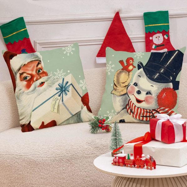 Julepudebetræk Santa Snowman, etui Merry Bright Let It Snow Pudebetræk, 18 x 18 tommer, 4 stk.