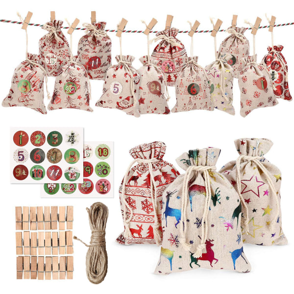 Adventskalender, 24 påfyllbare tøyposer, gaveposer med nummererte tagger og 24 trepinner, juteposer for DIY juledekorasjoner（farge）