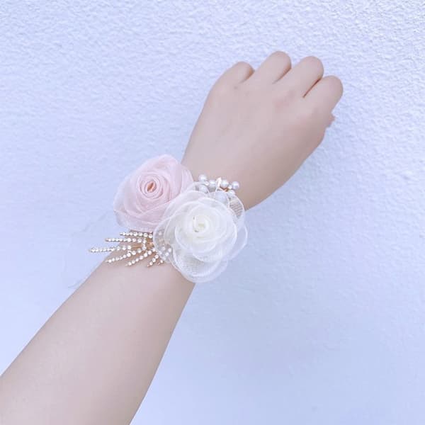 Jenter Brudepike Håndleddsblomster Perle Rhinestones Rose Armbånd Stoff Håndblomster 3