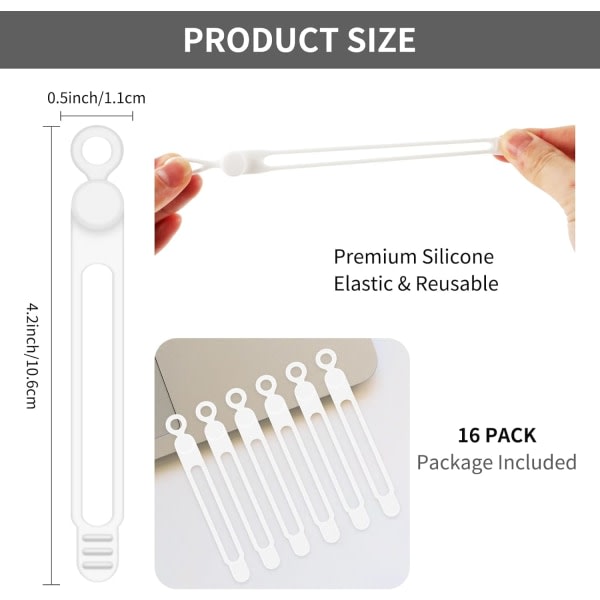 Kaapelikiinnikkeet Uudelleenkäytettävät silikoniset kaapelihihnat 16 kpl Valkoiset kaapelihihnat Kaapelikiinnikkeet Kuulokkeille Puhelimen latureille Äänikaapeli Tietokone (Valkoinen)