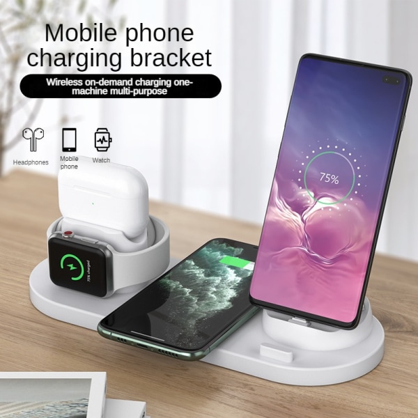 Ny Multifunksjonell Trådløs Lader 15W Seks-i-ett Mobiltelefon Stativ Rask Lader for Apple Black
