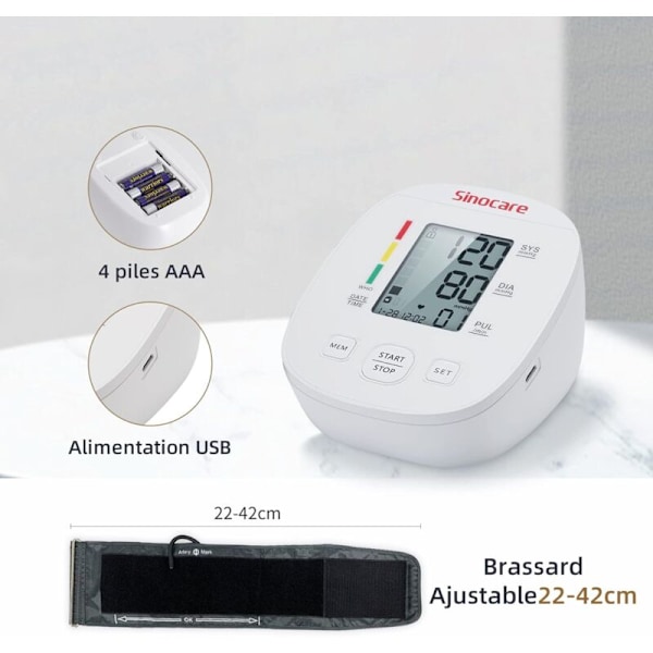 Digital Blodtrycksmätare med Justerbar Manschett 22-42 cm, Puls & 180 Minnesplatser