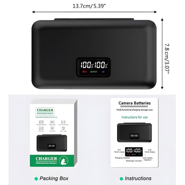 Multifunktionel og bærbar kamera batterilader med LCD-skærm, kan bruges som kortlæser