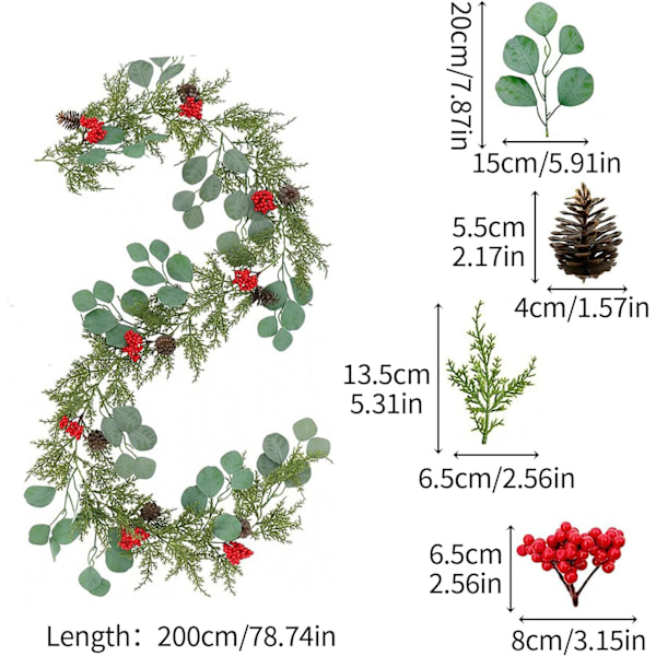 78.74 tum Konstgjord Norfolk Tallskog Girland med Röda Bär och Tallkottar för Jul (A) A