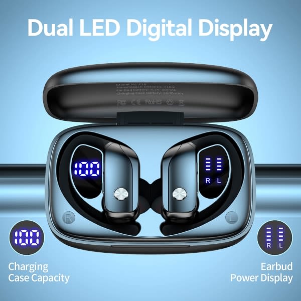 Trådlösa hörlurar Bluetooth hörlurar 48 timmar Play Back Sporthörlurar med LED-skärm Over-Ear Buds med öronkrokar Inbyggt mikrofonikuulokkeet Purple