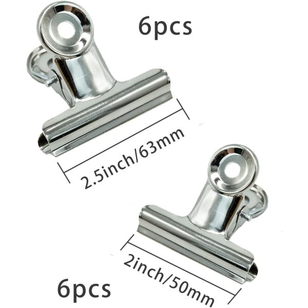 12 bitar Bulldog Clip Metall Foto Clip, Silver (6st 50mm, 6st 63mm)