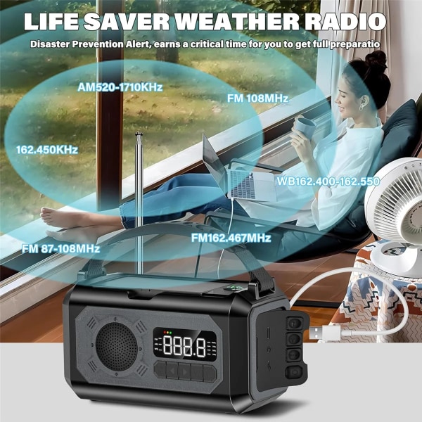 12000 mAh:n hätäradio käsikammella ja aurinkopaneeleilla - kannettava AM/FM-radio taskulampulla ja lukuvalolla - A