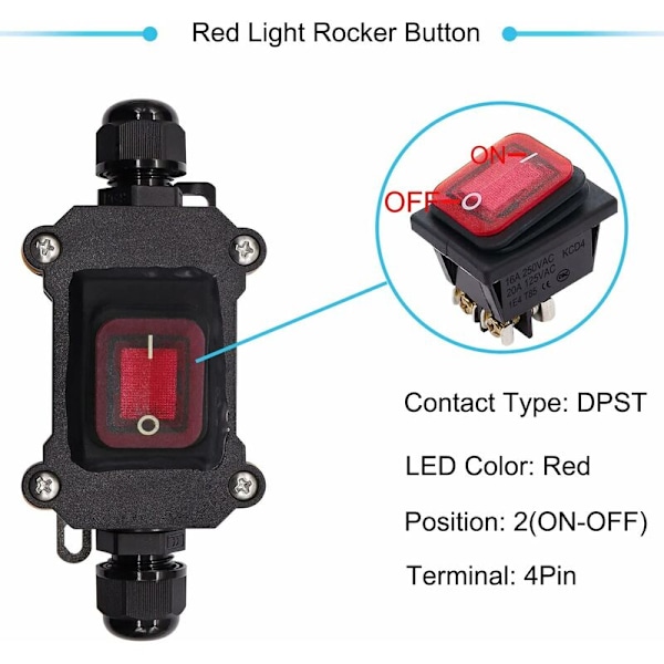 Vattentät vippströmbrytare med röd LED DPST 4 terminaler 220V AC H-K062-KCD4-201N-RW-LS