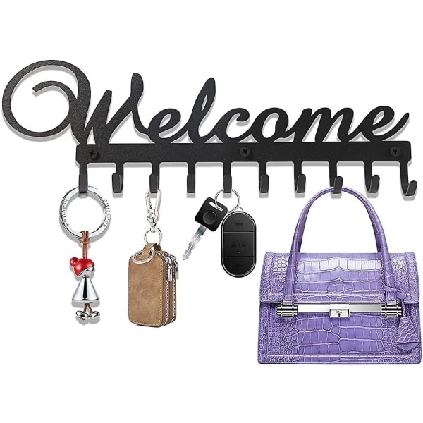 Nyckelhållare med 10 krokar, metall Keyboard Krokskena utan borrning, svart nyckel