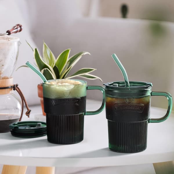 450ml Glas med Lock & Sugrör, Iced Coffee Mugg Set om 2 - Grön