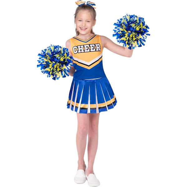 Hauskan cheerleader-asun tytöille, söpö cheerleader-asu, sininen ja valkoinen cheerleader-asu Halloween-naamiaisiin ja roolipeleihin Blått guld Small(5-7 yrs)