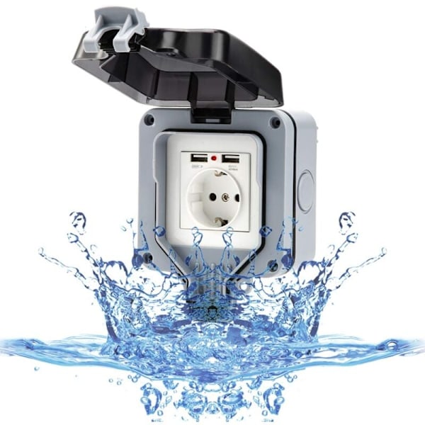 Ulkokäyttöön tarkoitettu pistorasia USB:llä, IP66 vedenpitävä puutarhapistorasia, ulkoneva asennus, suojakansi kosteisiin tiloihin
