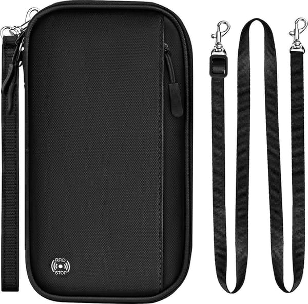 Paspengepung, Nylon RFID-blokerende lynlåsorganizer med flere lommer og håndledsrem til rejser, sort, 23 x 13 x 3 cm