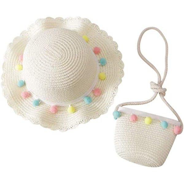 Taapero Vauva Flickor Olkihattu Aurinkolippalakki Laajalla Reunoilla Olkalaukku Setti Söpö Pompom Rantahattu (Maitomainen Valkoinen)