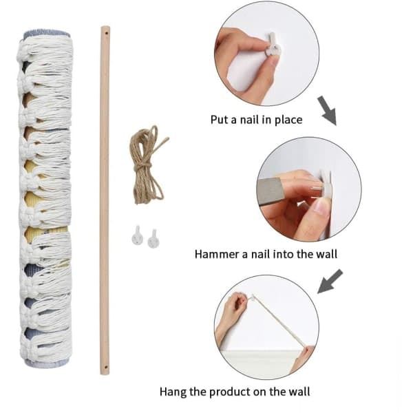 Macrame vävd väggbonad gobeläng grå geometrisk heminredning