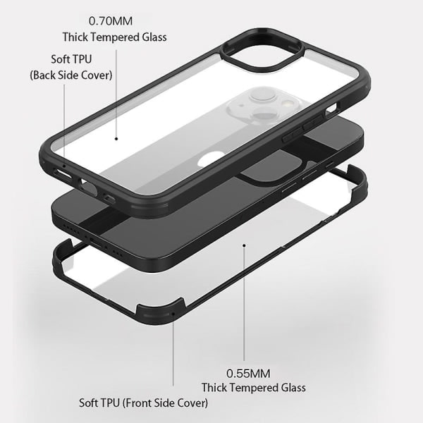 Reptåligt dubbelsidigt härdat glas+TPU-kant telefonskal Skydd för iPhone 13 6,1 tum Svart