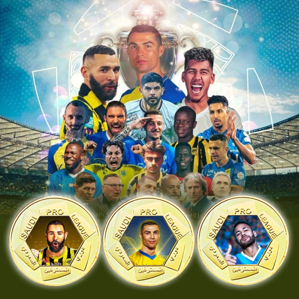 Saudi Premier League minnesmynt i metall med fotbollsstjärnorna C Ronaldo, Benzema och Neymar – en perfekt present till fotbollsälskare Display Rack Benzema