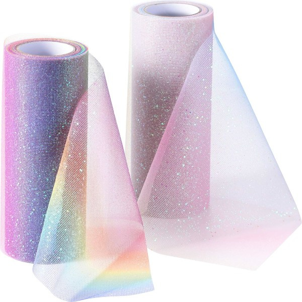 6 tum x 10 meter regnbågsglitter tyllbandrullar gradient tyll nät tyg spole glitter sortiment för bordsstol rosett tutu kjol sömnad 2 rulle
