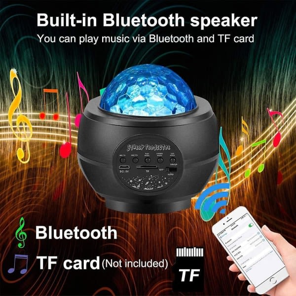 Stjerneprojektion Nattelys, Bluetooth-højttaler, LED Galaxy Ocean Wave Projektionslys Roterende lydaktivering Stjerneprojektionslys (sort)
