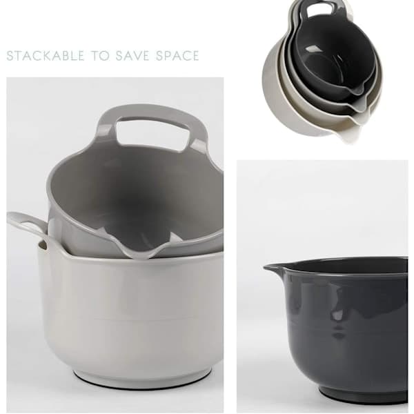 Paris 4-pack Stackable Mixing Bowls with Spout and Handle, BPA-Free Microwave and Dishwasher Safe (Grey, 4-pack with Handle)