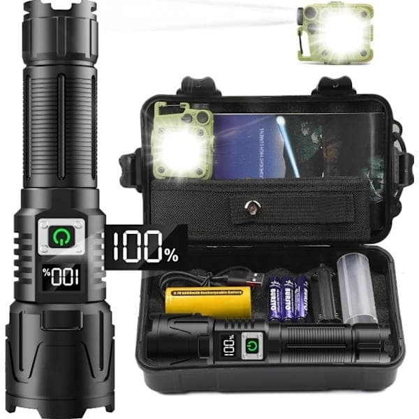 LED Flashlight A09 set – 6000 Lumen, 50W, Rechargeable & Tactical & COB survival Black